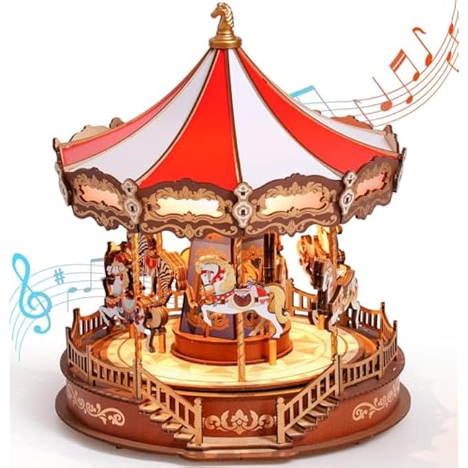 3D PUZZLE MODEL KIT ADULT CAROUSEL MUSIC BOX WITH LIGHT, MODEL BUILDING WOODEN KIT, MECHANICAL WOODEN PUZZLE CONSTRUCTION KIT, GIFT, ADULTS, CHILDREN - Image 1